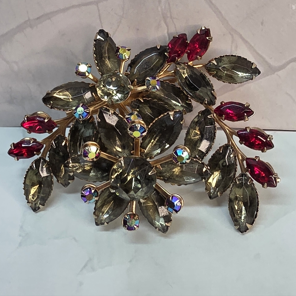 Vintage Austrian Rhinestone Floral Spray Brooch Smoky Gray Ruby AB Statement